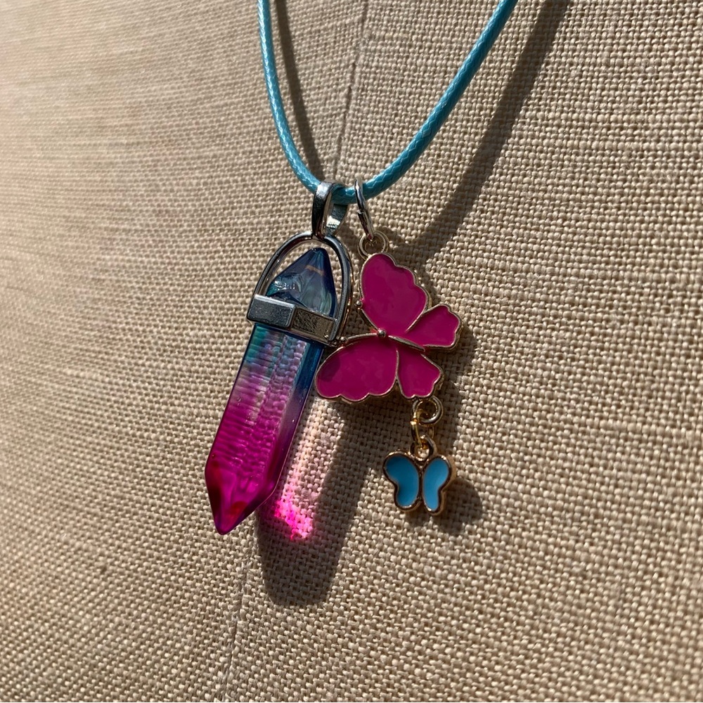 Handmade Cotton Candy Resin Crystal Amulet Necklace & Enamel Butterfly Charms - Picture 9 of 11